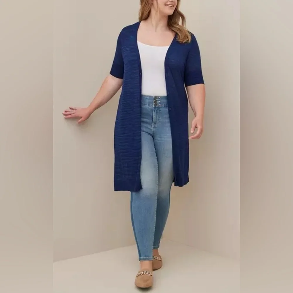 Torrid Space-Dye Duster V-Neck Button-Front Sweater Blue - Picture 3 of 16
